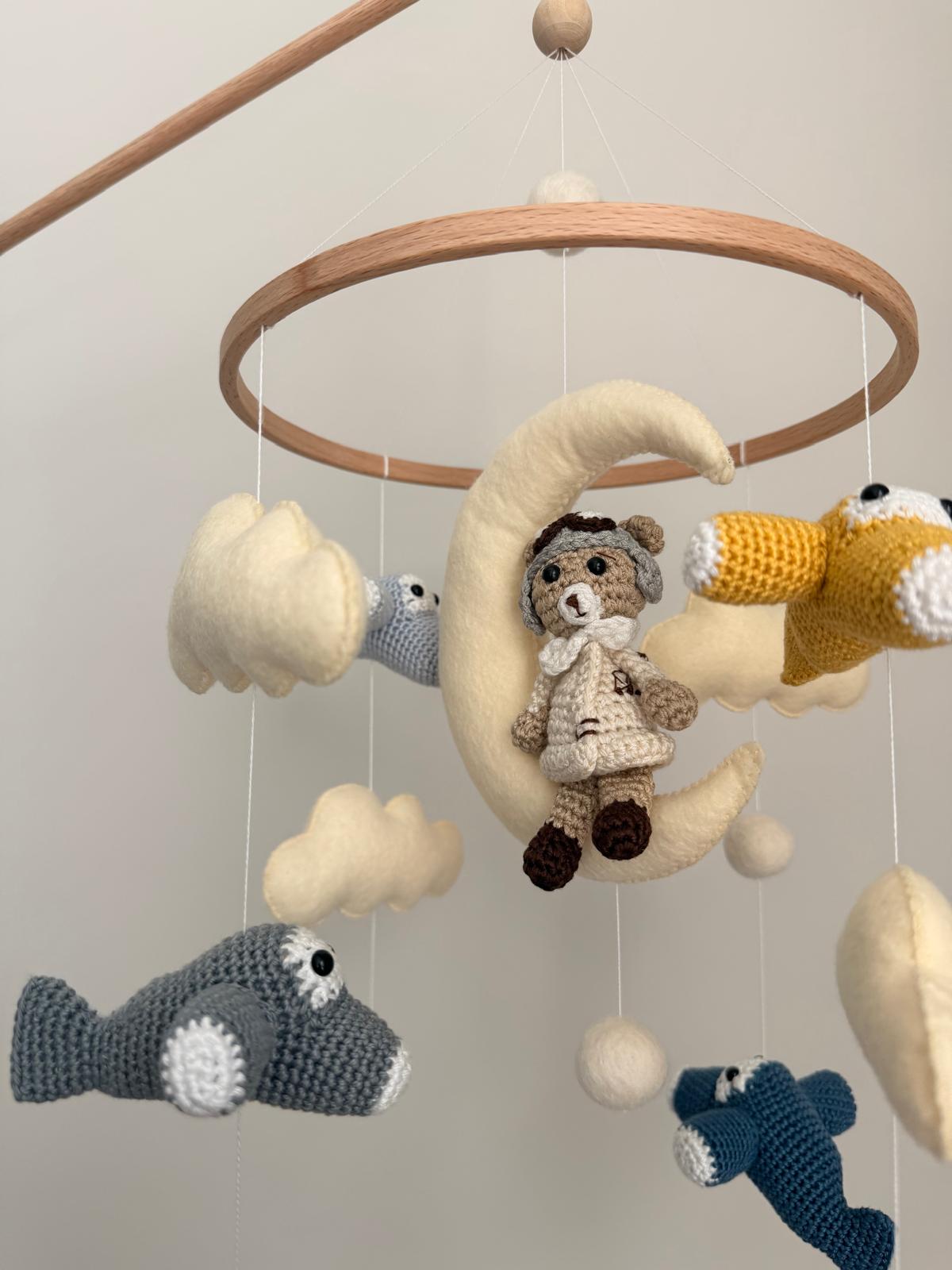Airplane Aviator Bear Baby Crib Mobile