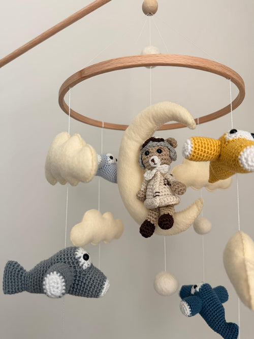 Airplane Aviator Bear Baby Crib Mobile