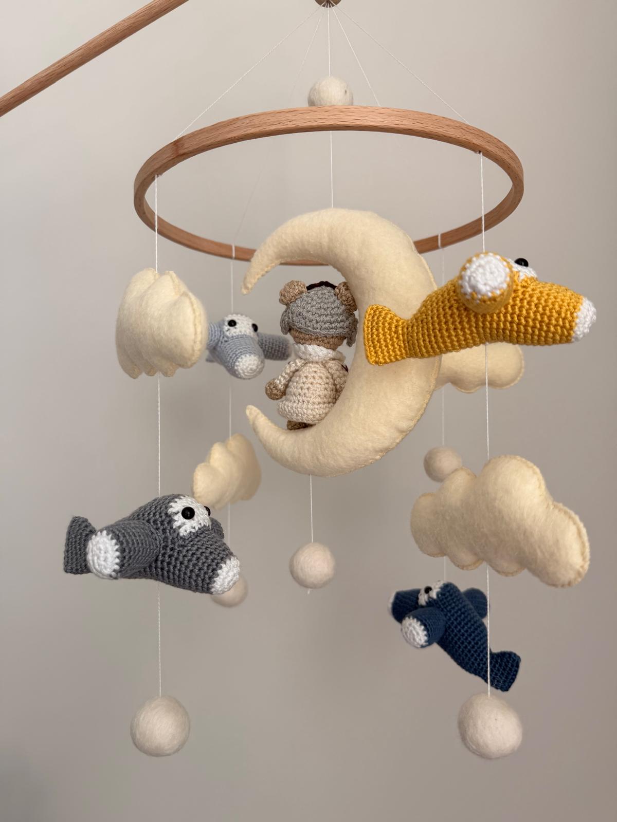 Airplane Aviator Bear Baby Crib Mobile