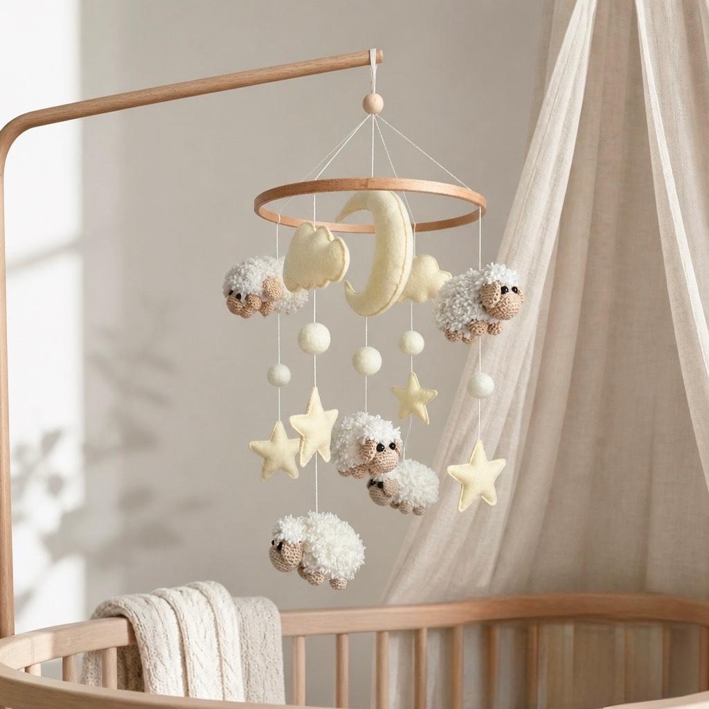 Sheep Baby Crib Mobile with Stars Crochet Mobile
