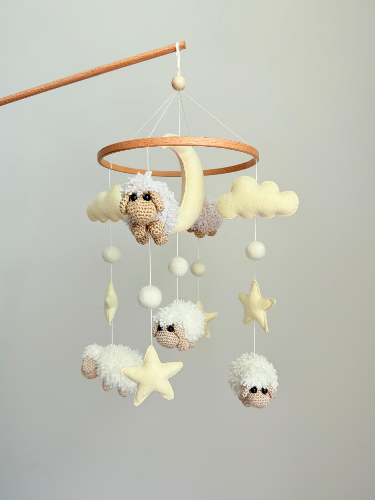 Sheep Baby Crib Mobile with Stars Crochet Mobile